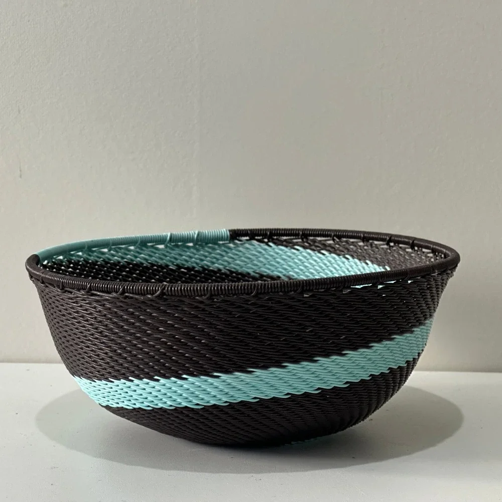 African Telephone Wire Bowl Handwoven Decorative‎ Swirl Basket Teal Brown